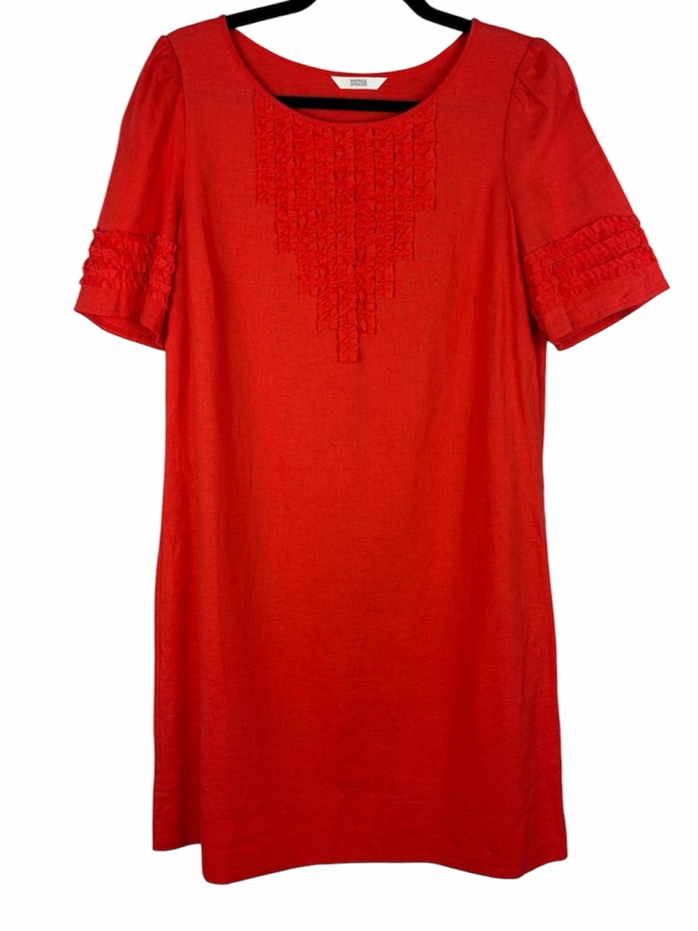 Marks & Spencer Red Orange Linen Blend Ruffle Shift Dress UK 12